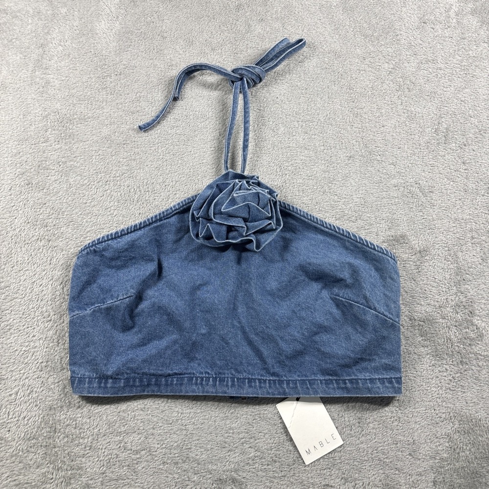 Mable Women's Denim Flower‎ Halter Crop Top Medium/Light Wash Size Large NWT